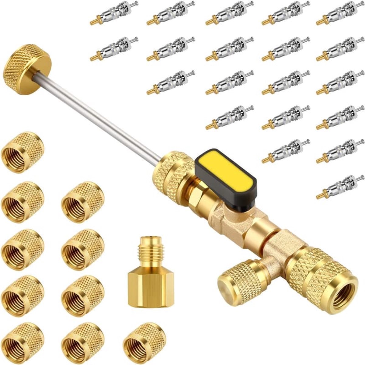 Ventielinstallatiegereedschap met dubbele SAE 1/4" en 5/16" aansluitingen, 20 ventielkernen met Teflon-afdichtingen en 10 messing moeren, geschikt voor R22-koelmiddel.