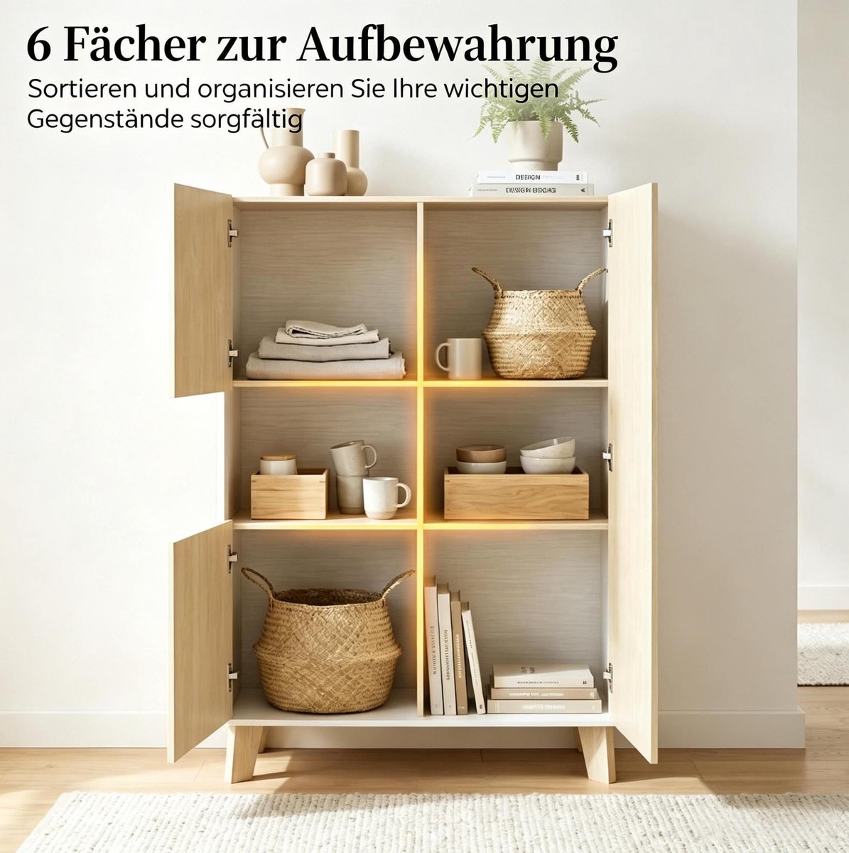 OKWISH Buffetkast - 6 Vakken - Zachtsluitende Deuren - Voor Woonkamer En Eetkamer - Wit Licht Eiken - 80 X 40 X 135 Cm