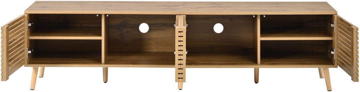 OKWISH Tv Meubel Voor 75 Inch Tv 4 Deuren Kabeldoorvoer Lamellenfront Met Opbergruimte Houtkleur MDF Spaanplaat 180x40x46 Cm Natuurlijk