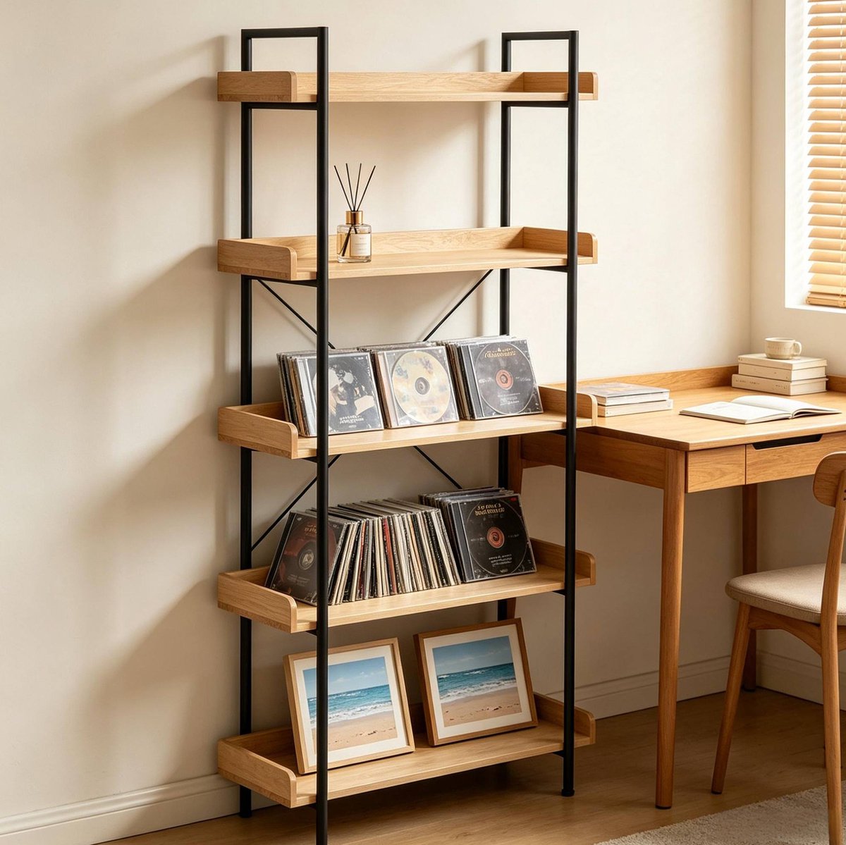 MIVRAY Boekenkast – Open 5 Planken – 91 x 25,5 x 173 cm – MDF en Metaal – Zwart Licht Eiken – Woonkamer Slaapkamer Bureau