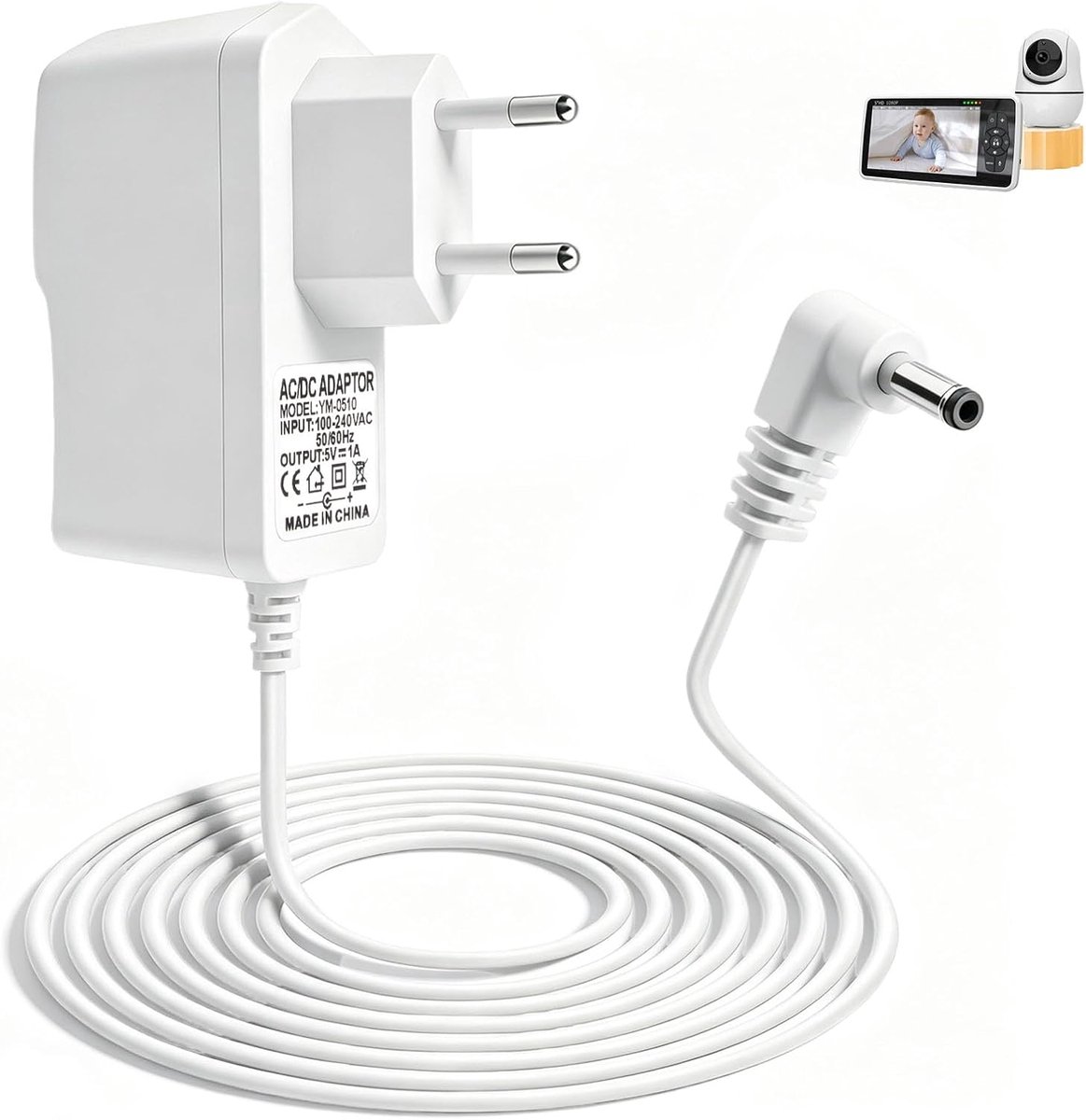 Netsnoer 5 V 1 A - 2 meter - vervangende oplader - voor babyfoon HelloBaby HB50 HB66 - ShopVlot