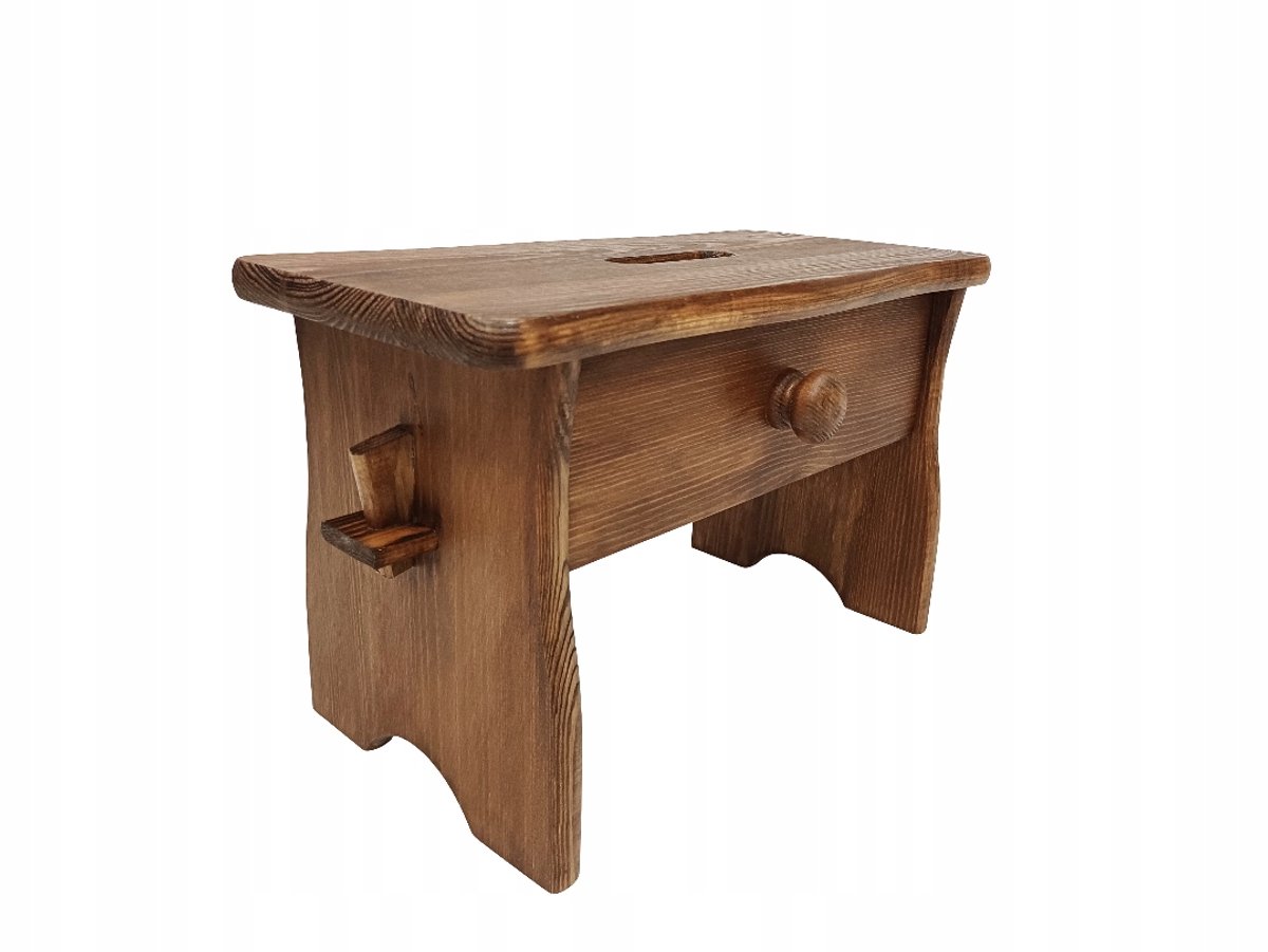 Houten kruk met lade, walnootkleur, 24 cm hoog