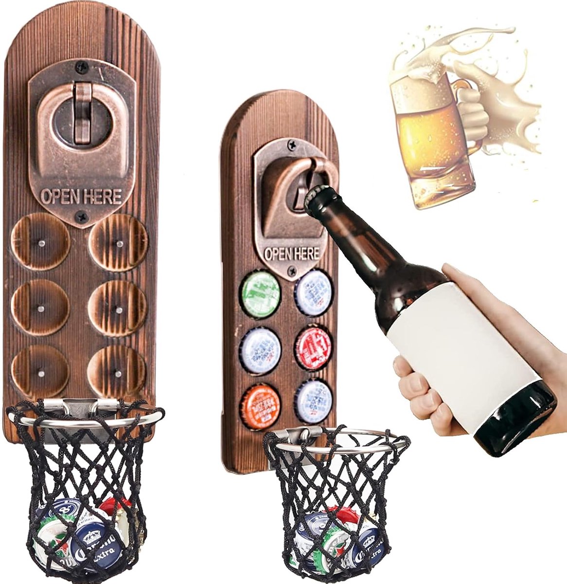 Wandflesopener met Doppenverzamelaar - Houten Basisplaat - Magnetische Flesopener - Perfect voor Thuisgebruik - ShopVlot