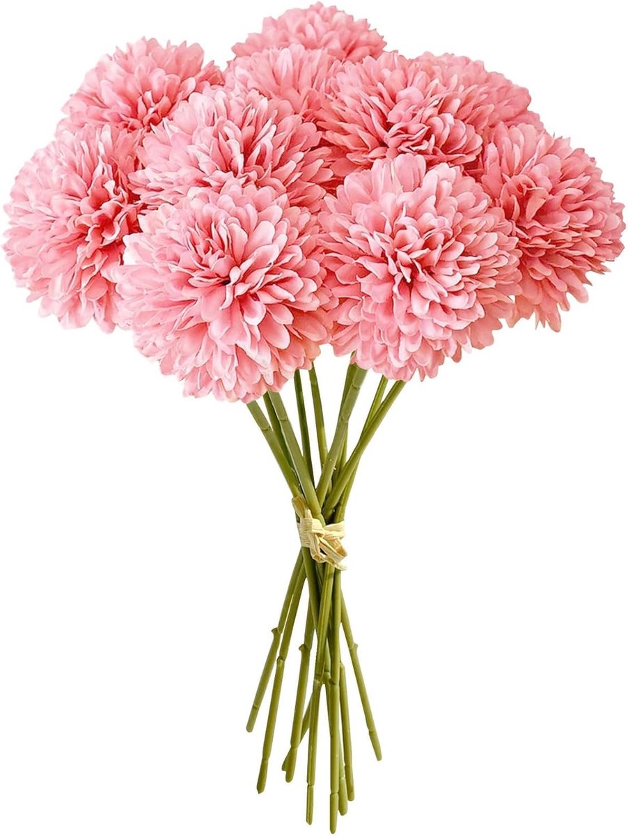 Kunstbloemen chrysanten ballen 12 stuks - Roze hydrangea met stelen - Realistisch en aanpasbaar - ShopVlot