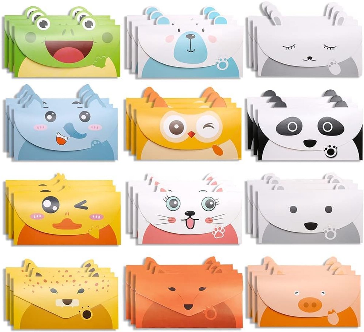 SnelShoppen - 36 Stuks Cartoon Dieren Bedankkaarten Multipack voor Alle Gelegenheden, Verjaardagsuitnodigingen, Notities en Groetkaarten Set voor Kind