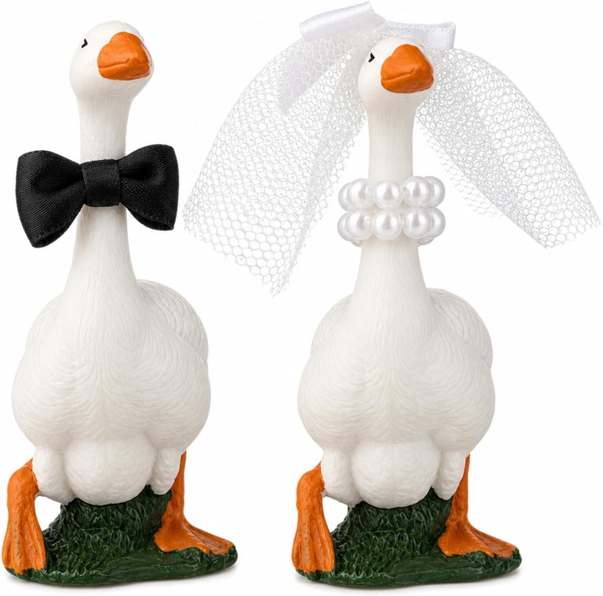 Bruiloftstaartdecoratie - 2 Stuks Gans Figuren - Harsen met Voile & Strik - Leuk voor Engagements - SnelShoppen