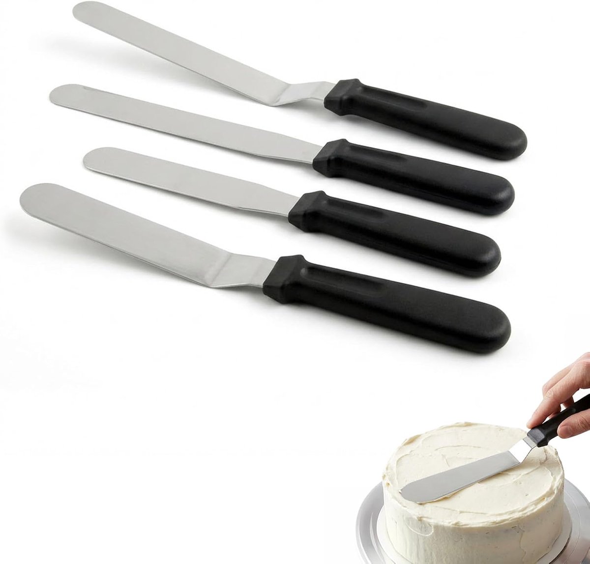 Spatel, roestvrij staal, 20,5 cm, gebogen, voor glazuur, pannenkoeken, cakes, cupcakes en suikerpasta, professioneel gereedschap voor gladde en krasbestendige decoratie (4 set, zwart)