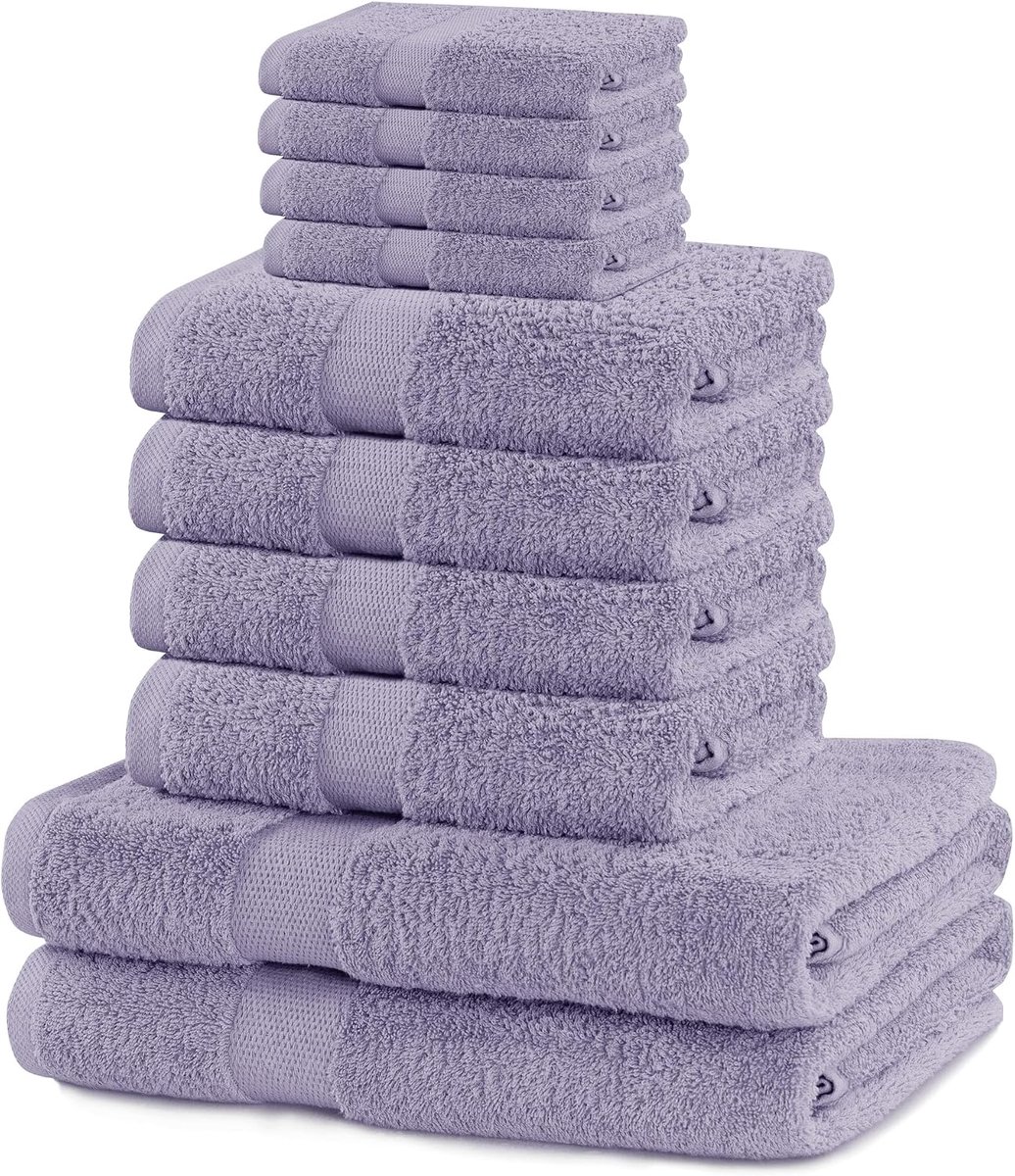 10-delige set katoen kwaliteit 525 g/m² 4 gastendoeken 30x50 cm, 4 handdoeken 50x100 cm en 2 badhanddoeken 70x140 cm, kleur lila, absorberend, Marina
