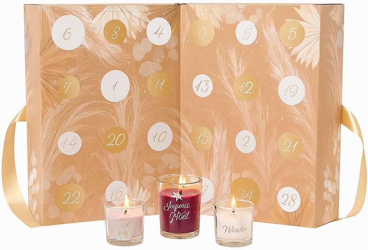 Adventskalender met 24 geurige kaarsen - elegante beige verpakking - luxe wintergeuren - perfect cadeau - SnelShoppen