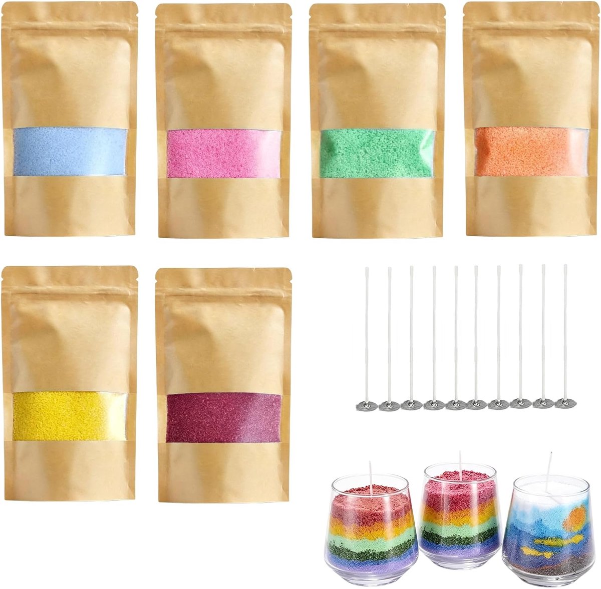 Kaarszand met lont: 6 kleuren kaarsenwasgranulaat, 600 g kaarsen zand, kaarsen zelf maken set, doe-het-zelf kaarsengranulaat set, wasgranulaat voor waxkaarsen zelf maken (10 kaarslonten 10 cm