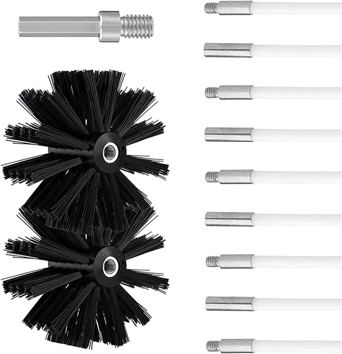 Schoorsteenborstelset, Diameter 150 mm, Haardborstel Bevat 9 Flexibele Stangen 410 mm en 2 Borstelkoppen Houtkachel Haarborstel Kit Haardreinigingsstaaf Reinigingsborstel Droogbuis Reinigingsborstel