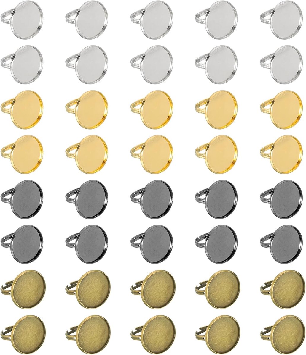 40 stuks metalen ringen, basis, onbewerkt, 20 mm, verstelbare pad, cabochonring, onbewerkte basis, platte fitting, schaal voor het maken van sieraden, vindstukken, doe-het-zelf gravures