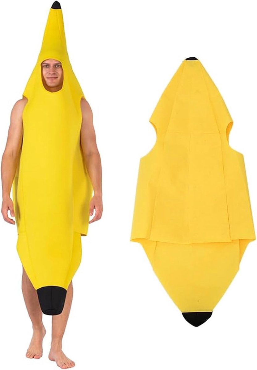 Bananenkostuum voor volwassenen, bananenkostuum, outfit, bananenkostuum volwassenen, fruitoutfit, groepskostuum, grappige kostuums voor Halloween, carnavalskostuum, cosplay party