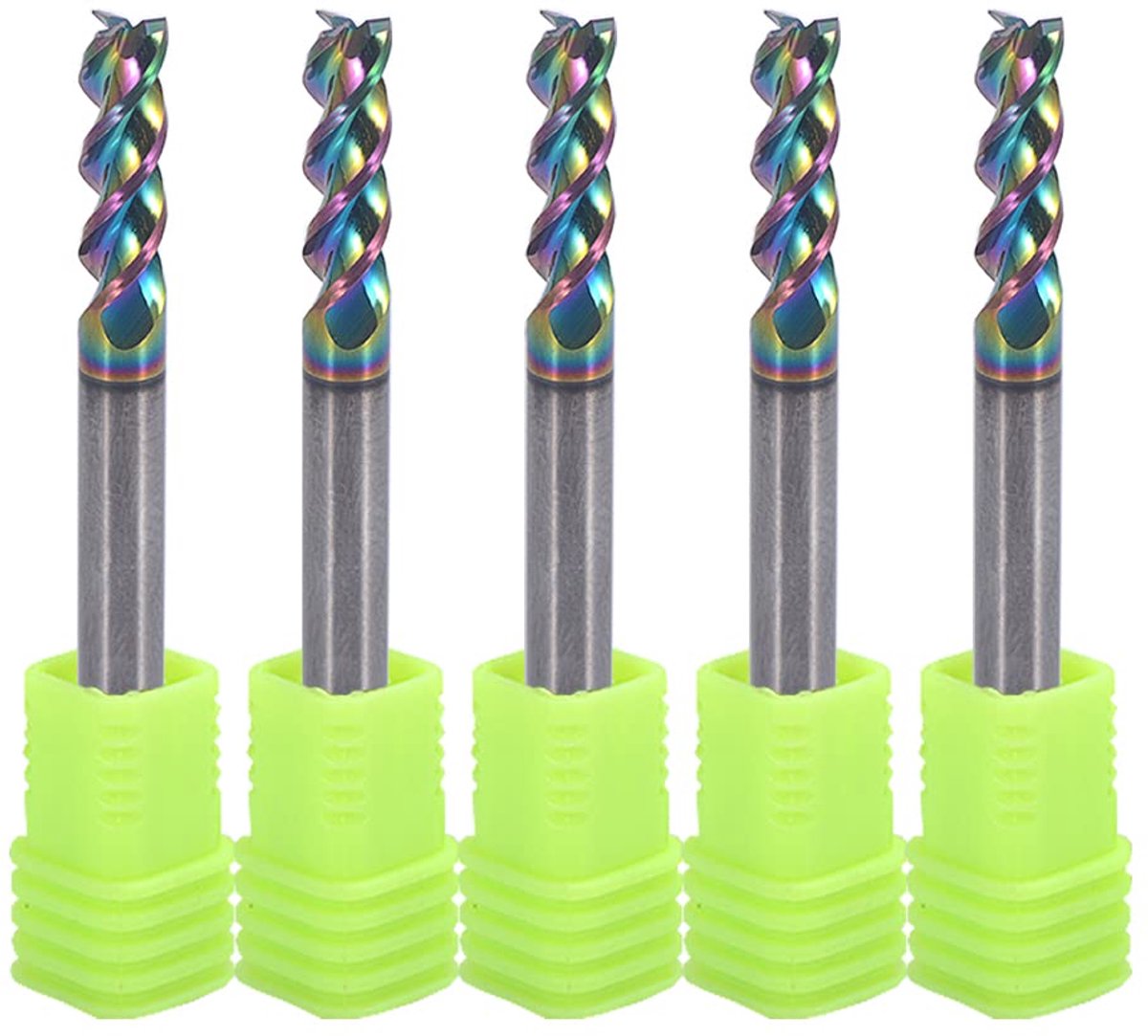 4 mm hardmetalen vierkante eindfrees voor aluminium koperen toepassingen, 3 fluiten, snijdiameter, 4 mm schacht, DLC-coating, CNC-freesbits, eindfreesbits, U-type design, 5-pack (4 x 4 x 12 mm)