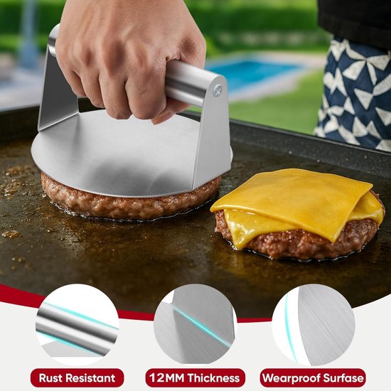 15,7 cm ronde smash burgerpers, hamburgerpers van roestvrij staal voor plancha grill, gemakkelijk te reinigen, pattyformer voor steak, gehakt en barbecue — afbeelding 4