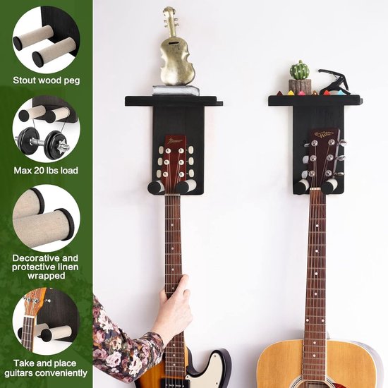 Muurbevestiging met plank 2Pack Houten Gitaar Houder Haak Multifunctionele Rack Beugel Stand Voor Elektrische Gitaar Bas Akoestische Ukulele Viool Mandoline Zwart — afbeelding 2