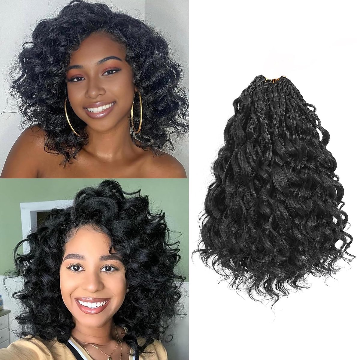 Met lus, golvend gehaakt haar, 8 stuks, boho, krullend gehaakt haar, korte oceaanvlechten, vooraf gedraaid, synthetische diepe golvend, gehaakte vlechten voor dames (1B#, 10 inch)