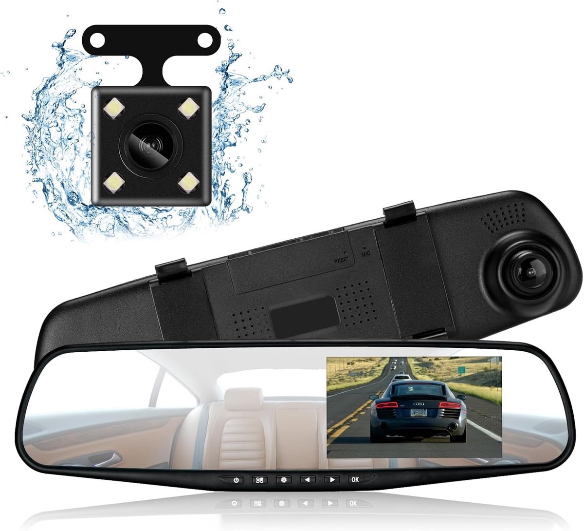 Dash Cam Spiegel Dash Camera Voor en Achter 1080P Full HD Video Auto Rijden Recorder Groothoek Dual Lens Dashboard Camera DVR met G-Sensor, Loop Recording Parking Mode Bewegingsdetectie (blauw)