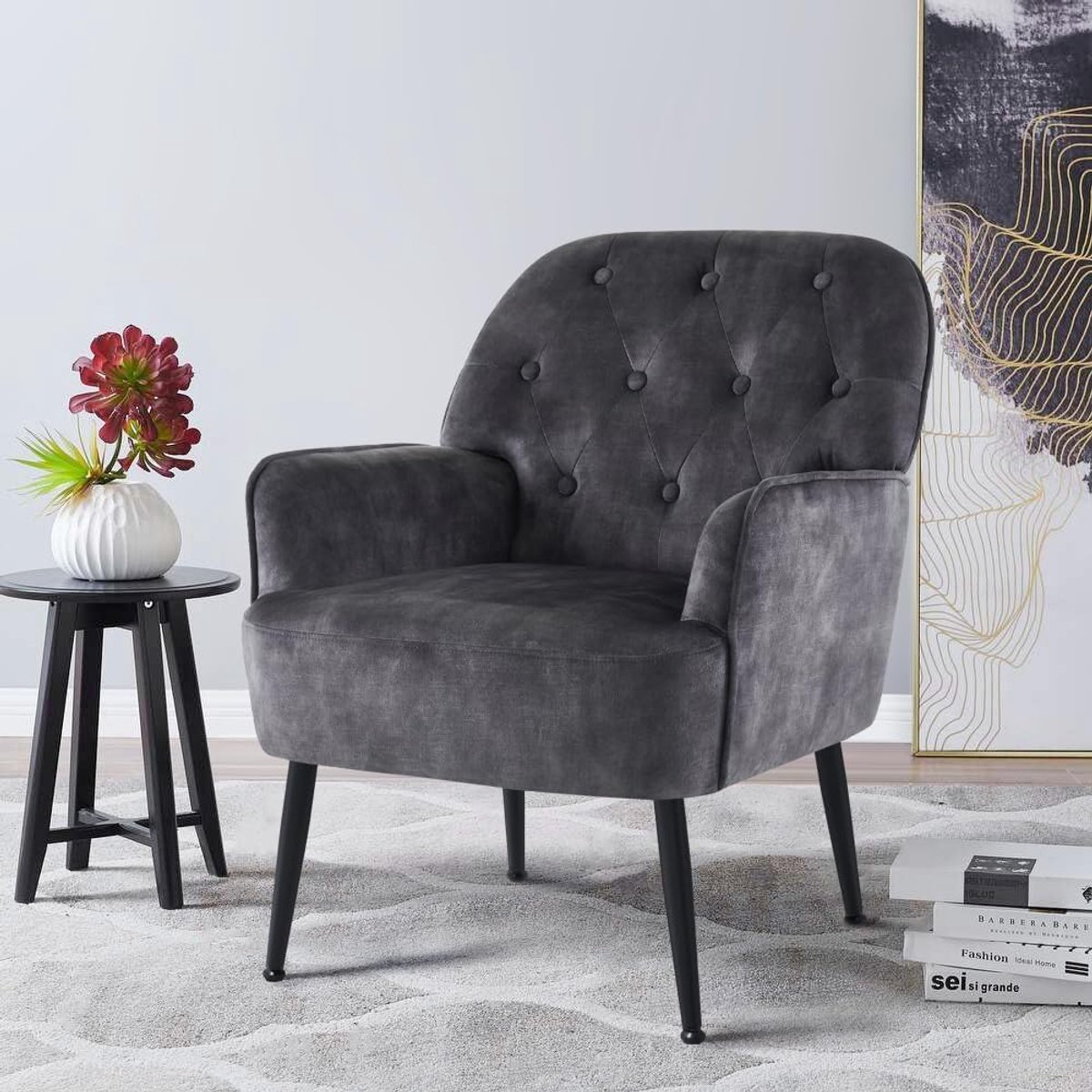 Fauteuil voor woonkamer, Scandinavisch, fluweel, comfortabele stoel voor 1-zits, met opslag, kleine vrijetijdsstoel met armleuningen, metalen poten voor slaapkamer, kaptafel, woonkamer (grijs)