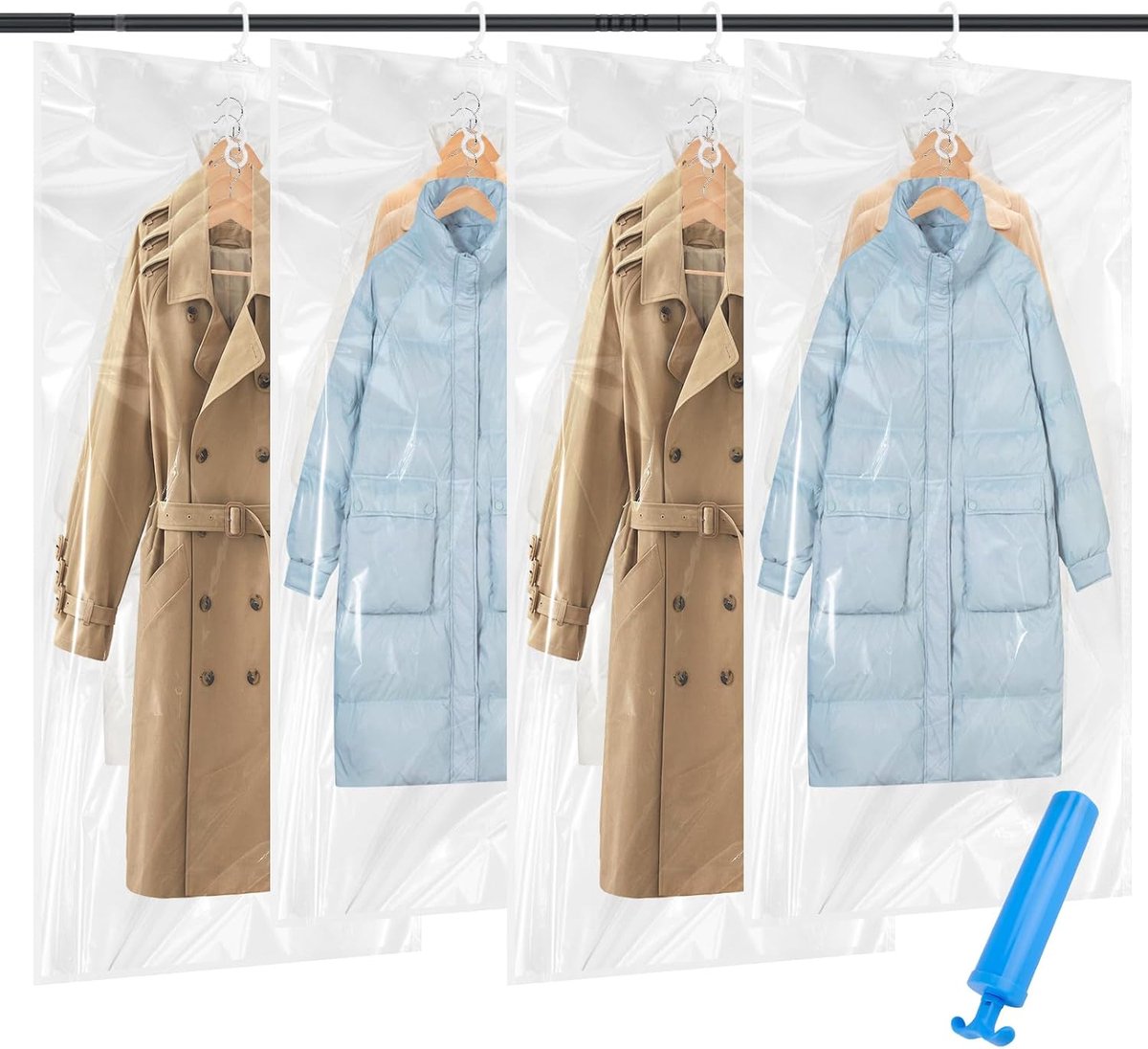 4 stuks vacuümzakken voor kleding om op te hangen, hangende vacuümzakken voor kleding met haken en handpomp, 2 grote 70 x 130 cm + 2 middelgrote 70 x 110 cm