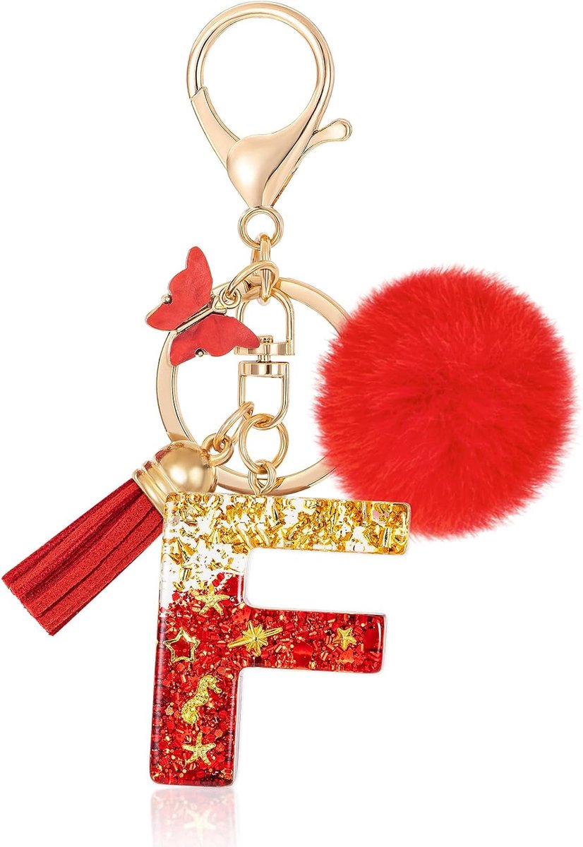 Letter Sleutelhanger, initiaal, letter-sleutelhanger, alfabet hars, sleutelhanger met vlinder, kwastje, pluche hanger, handtas, portemonnee, charmje, rode sleutelhanger voor vrouwen
