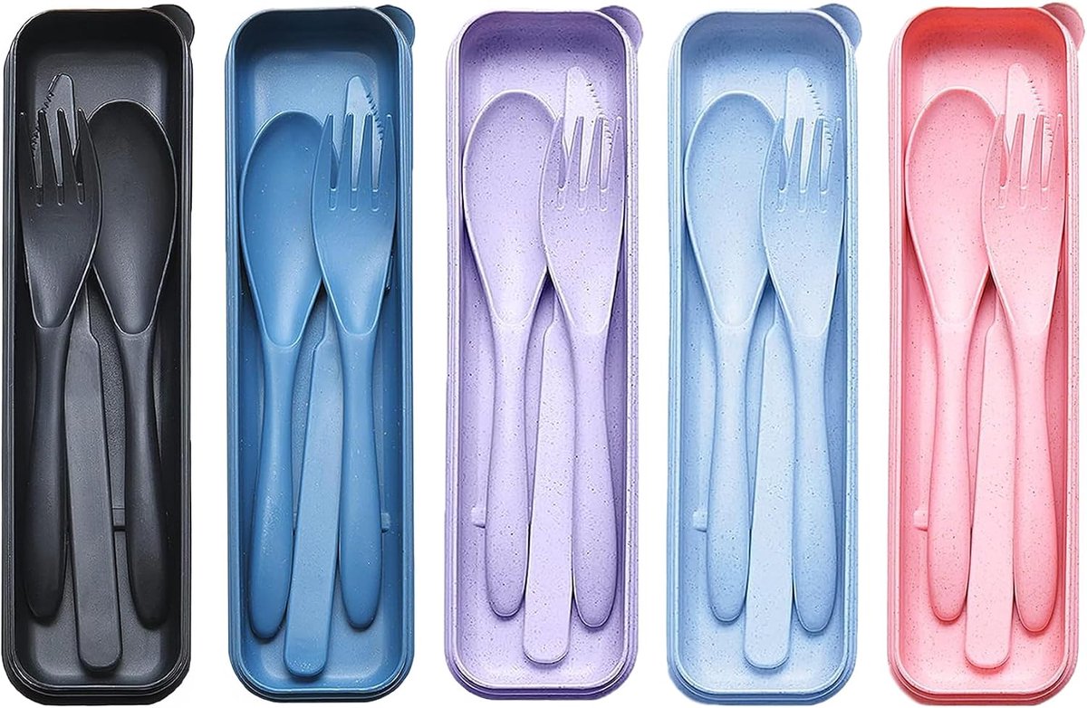 Bestek-set met etui, herbruikbaar, 5 sets draagbare gebruiksvoorwerpen, plastic vork, mes, lepel voor camping, picknick, werk, school, dagelijks gebruik