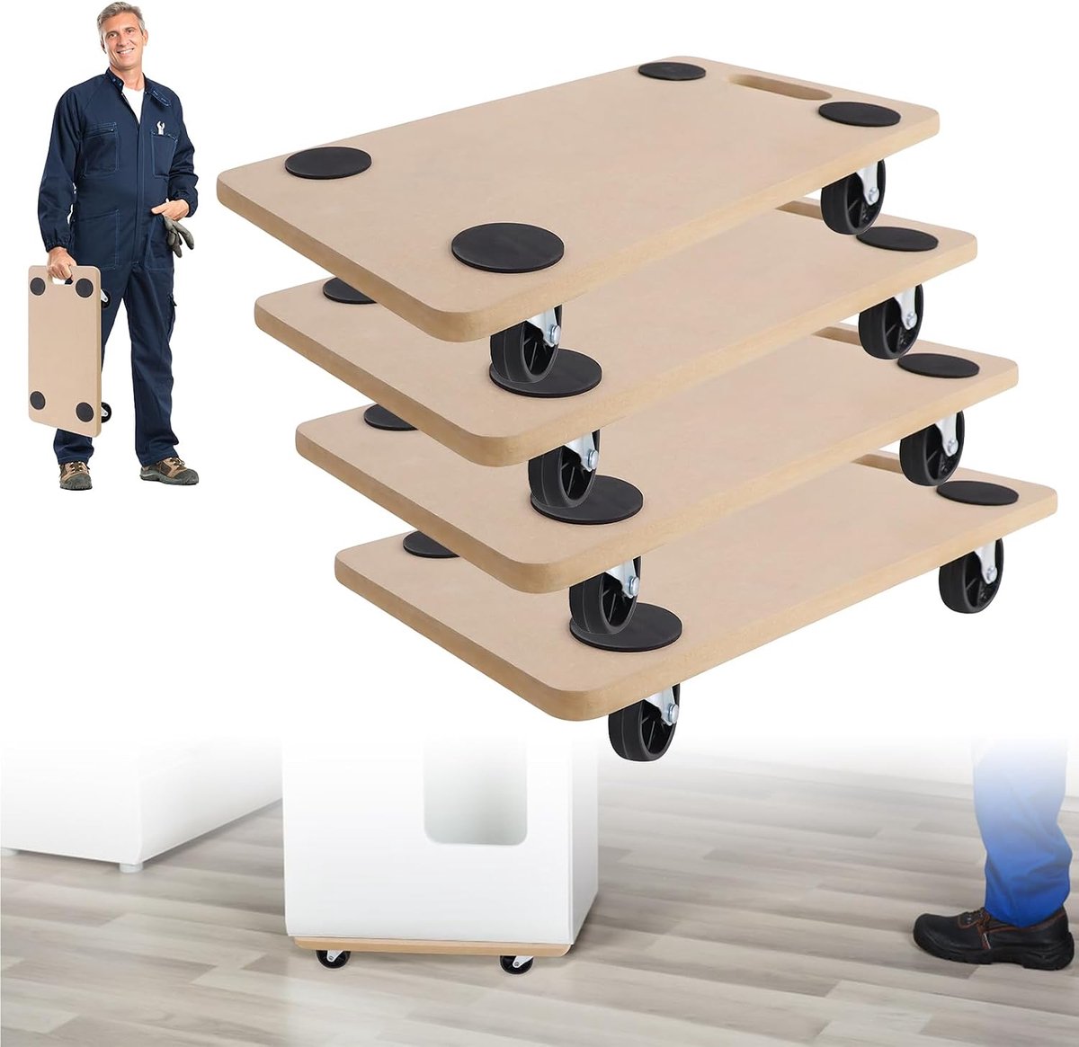 4 stuks rolplank, transportroller, 58 x 29 cm, meubelroller, transporthulp voor verhuizing, meubeltransport, 200 kg draagkracht, kistenroller, platformwagen, ideaal voor binnen en buiten