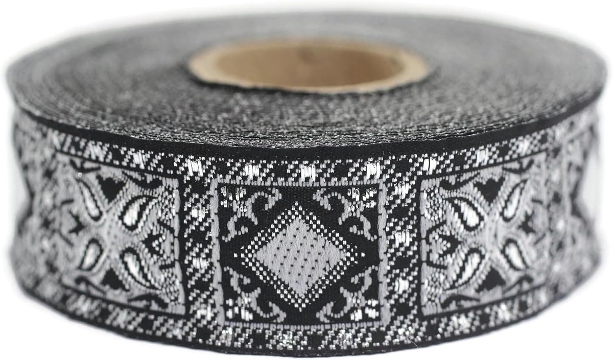 Jacquard Lint Zwart en Zilver Geometrisch Geometrisch 10 m x 25 mm - Rollen Borduurband voor Naaien Decoratie 25587-V1