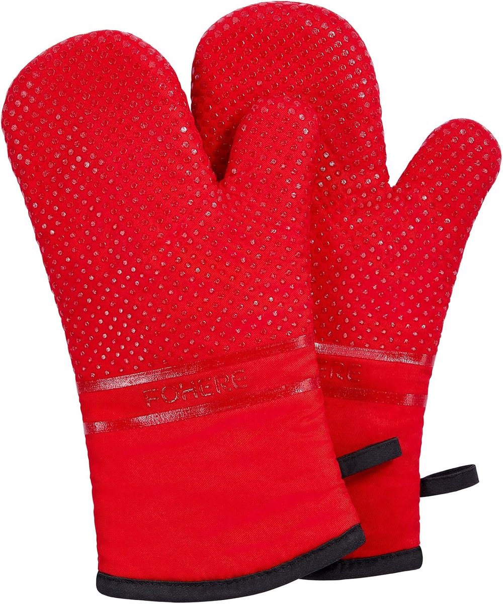 hitzebeständige Küchenhandschuhe 300 °C, rutschfeste Silikon-Oberfläche, Extra Lang, flexibel, Dicke Handschuhe für Küche, Kochen, Backen, Grillen, Rood