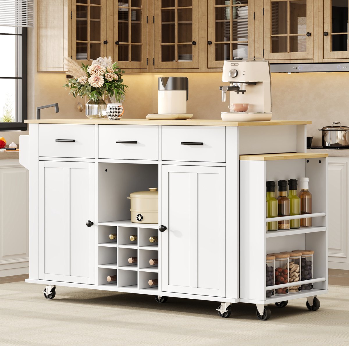 STILVORA Wijnrek - Keukeneiland Met Uitschuifbaar Werkblad En 3 Lades - Mobiel Voor Keuken En Opbergen - Hout - 136x50x93 Cm - Wit;Naturel