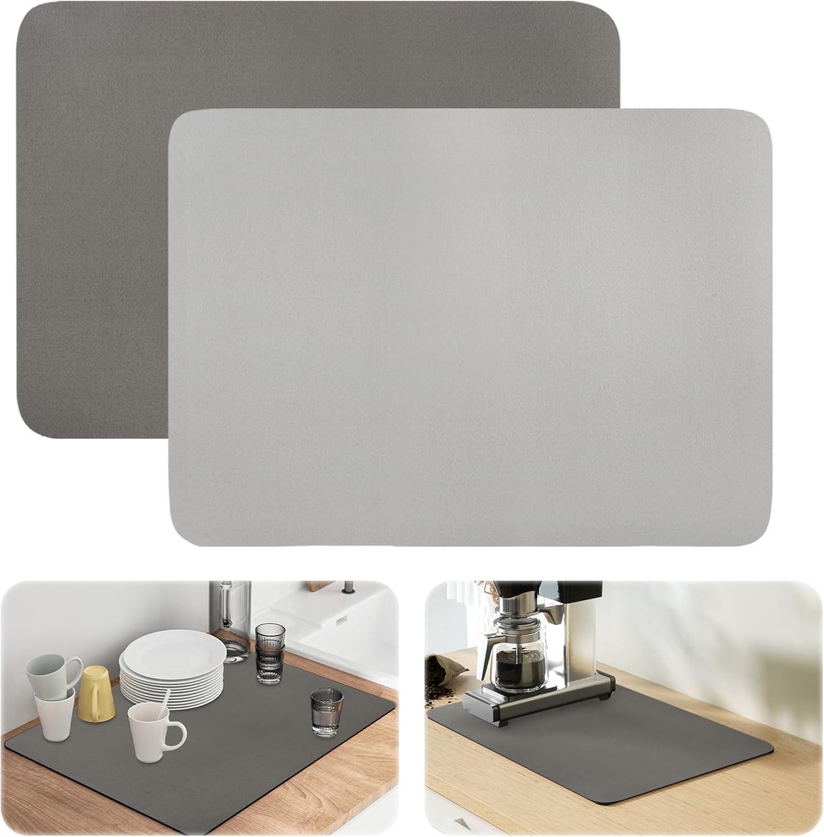 Drainmat 40x30cm - 2 stuks - Donkergrijs en lichtgrijs - Super absorberend en antislip - SnelShoppen