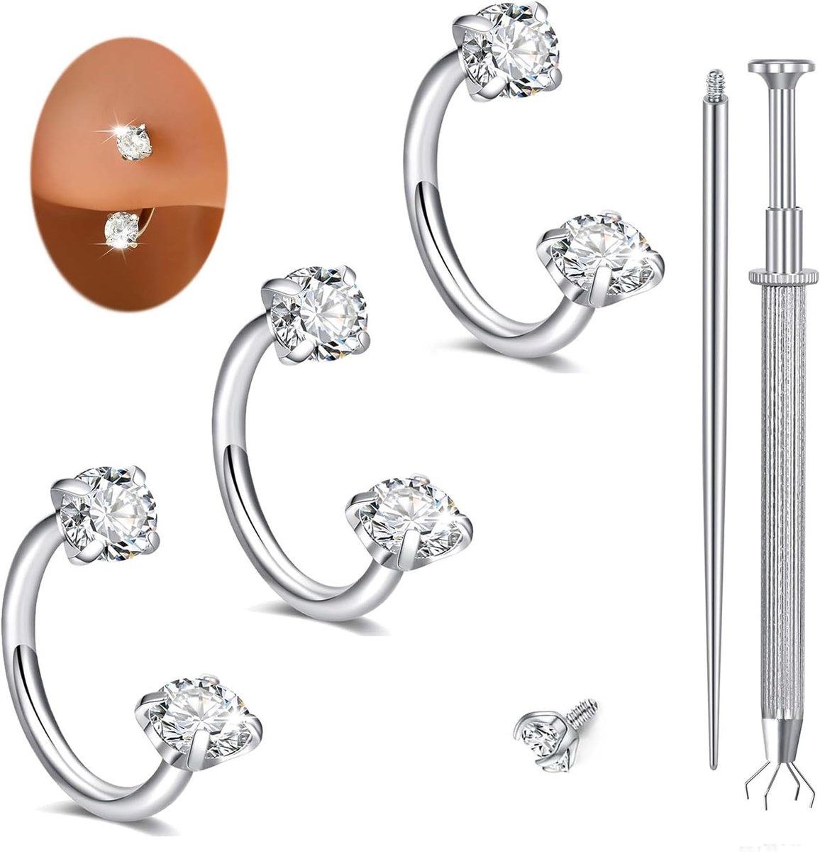 Neusring 18G 8mm - Zilver met zirkon - Inclusief grip tools - Geschikt voor verschillende piercings - SnelShoppen