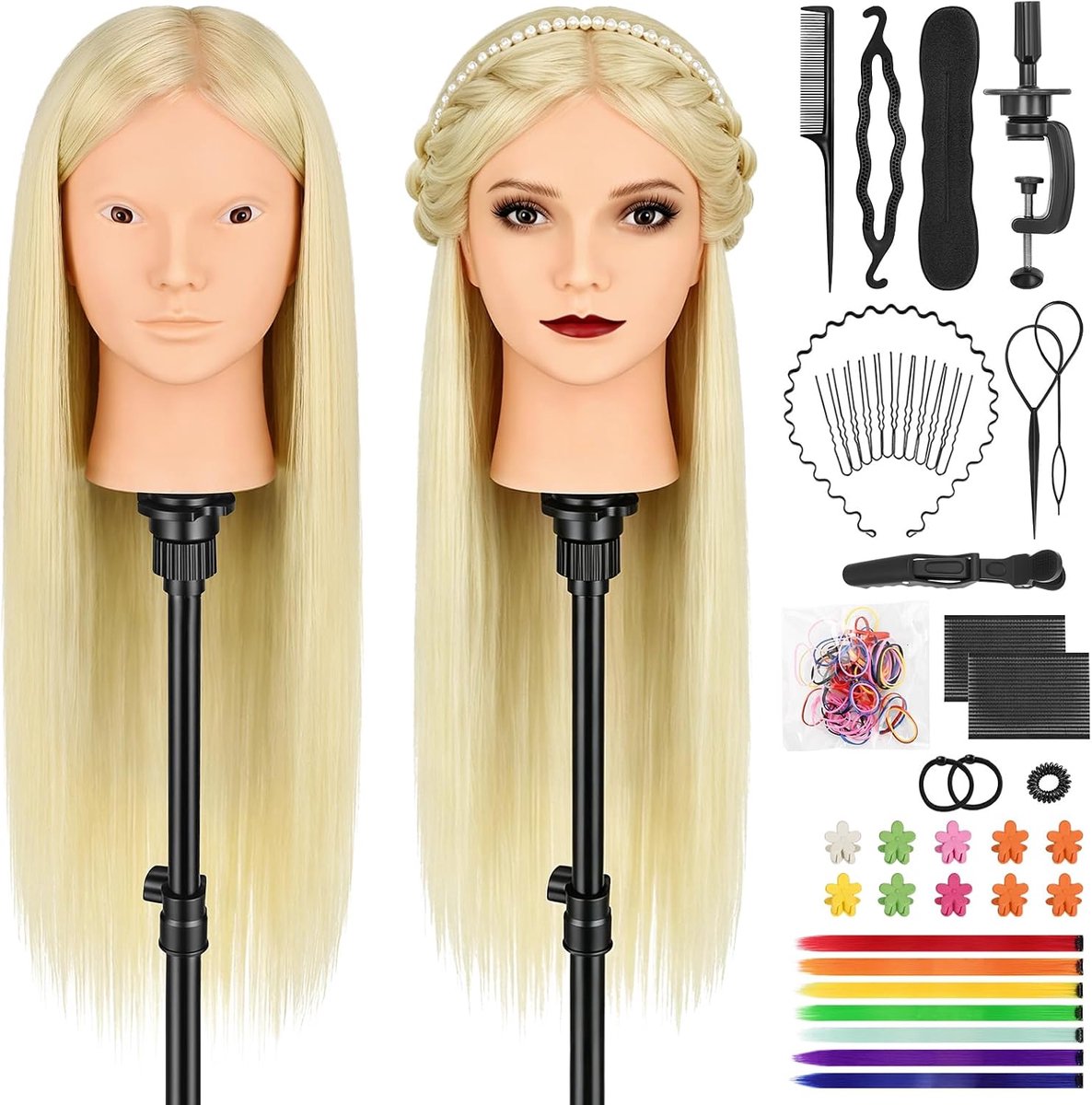 Kapperstrainingshoofd, 66 cm 80% Echt Haar Make-upbaar Mannequin Hoofd, Pruikenkapsel Hoofd met Klem en DIY Vlechtset (Parel Wit)
