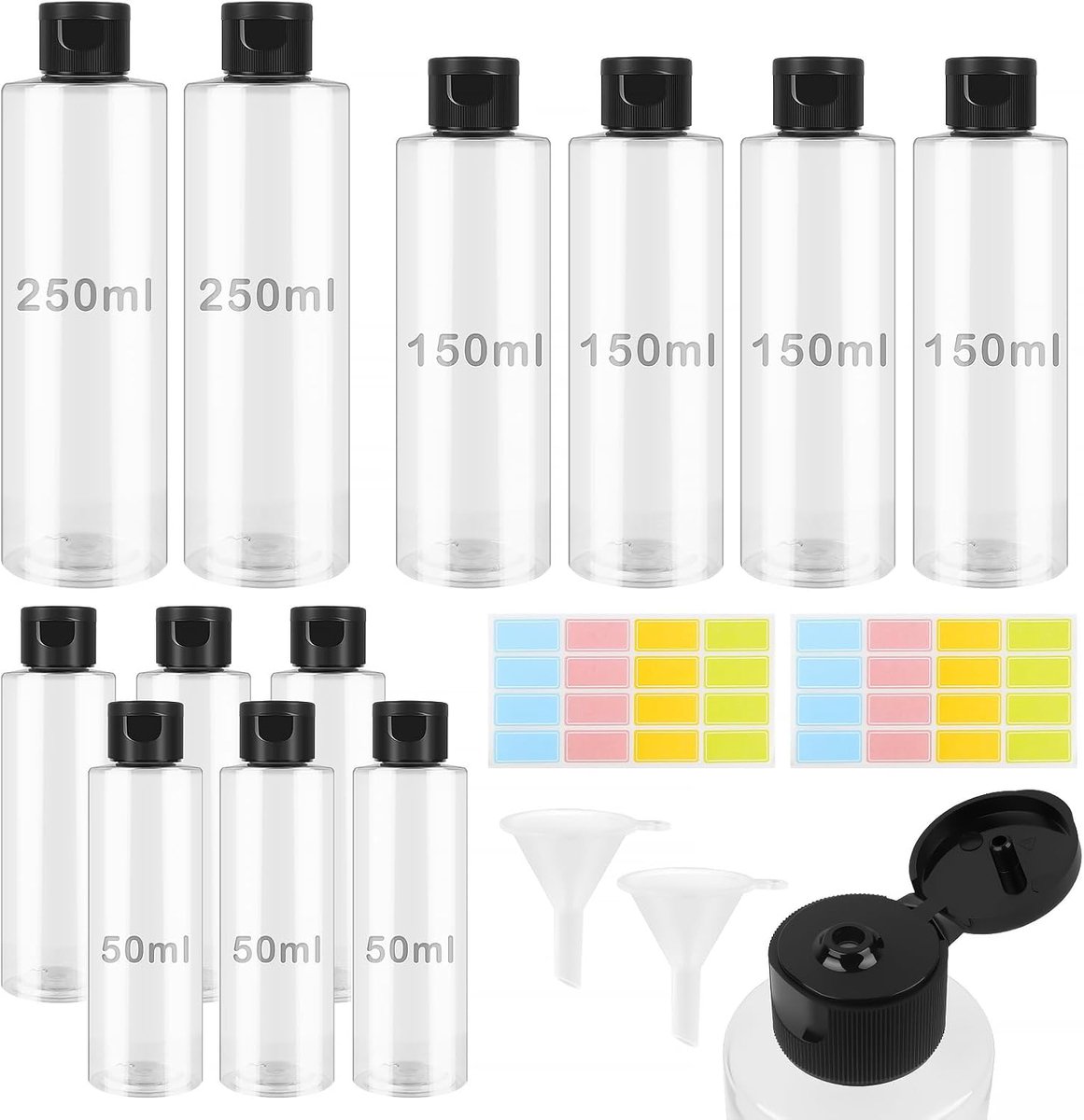 12 stuks reisflessen om te vullen, 250/150/50 ml shampoo, kleine flessen om te vullen, transparante lege dispenser, plastic fles, herbruikbaar, vulflessen voor cosmetica met trechter