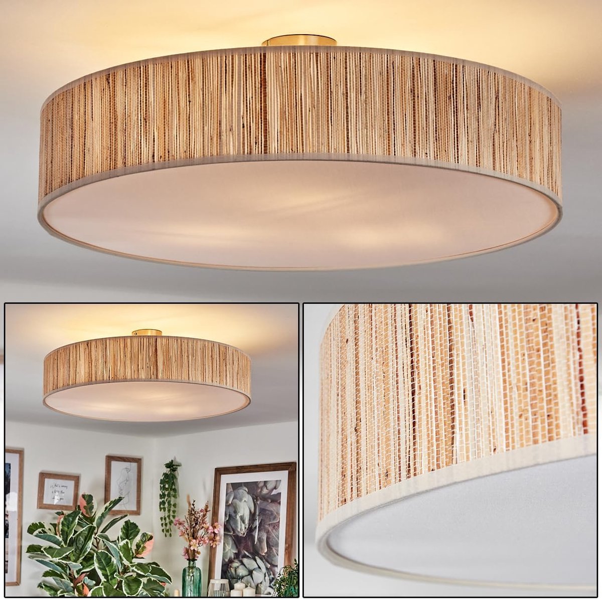 plafondlamp Foggia, plafondlamp van metaal/riet/stof/kunststof in mat nikkel/naturel/beige/wit, rond boho armatuur (Ø 60 cm), E27, eetkamer, woonkamer, slaapkamer, keuken