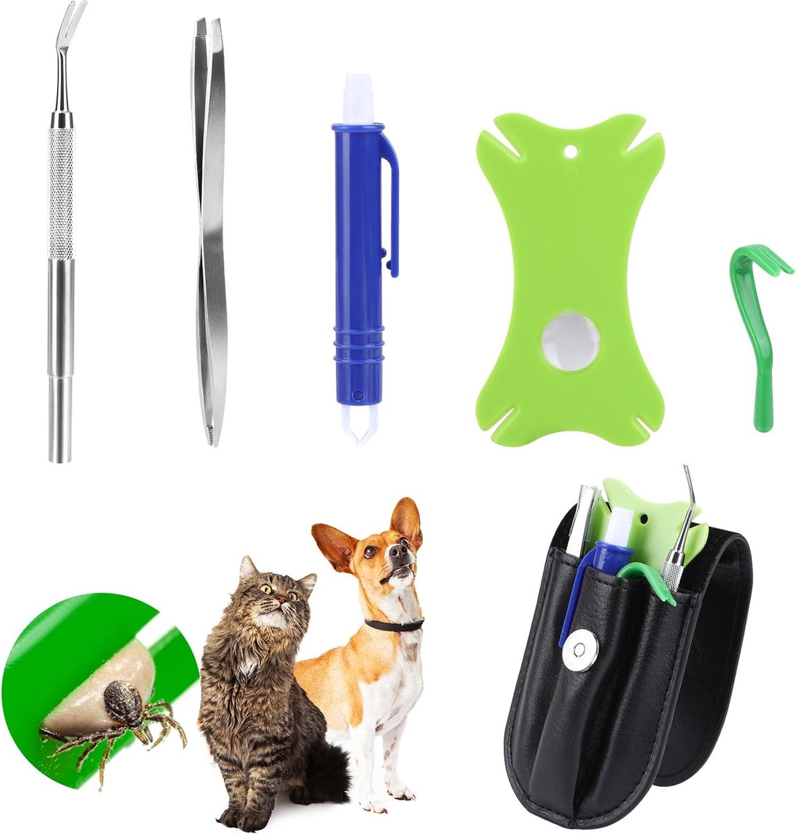 Tekenpincet 7-in-1 set met etui en tekenkaart, tekenpincet voor honden, katten, paarden, mensen, huisdieren, dieren