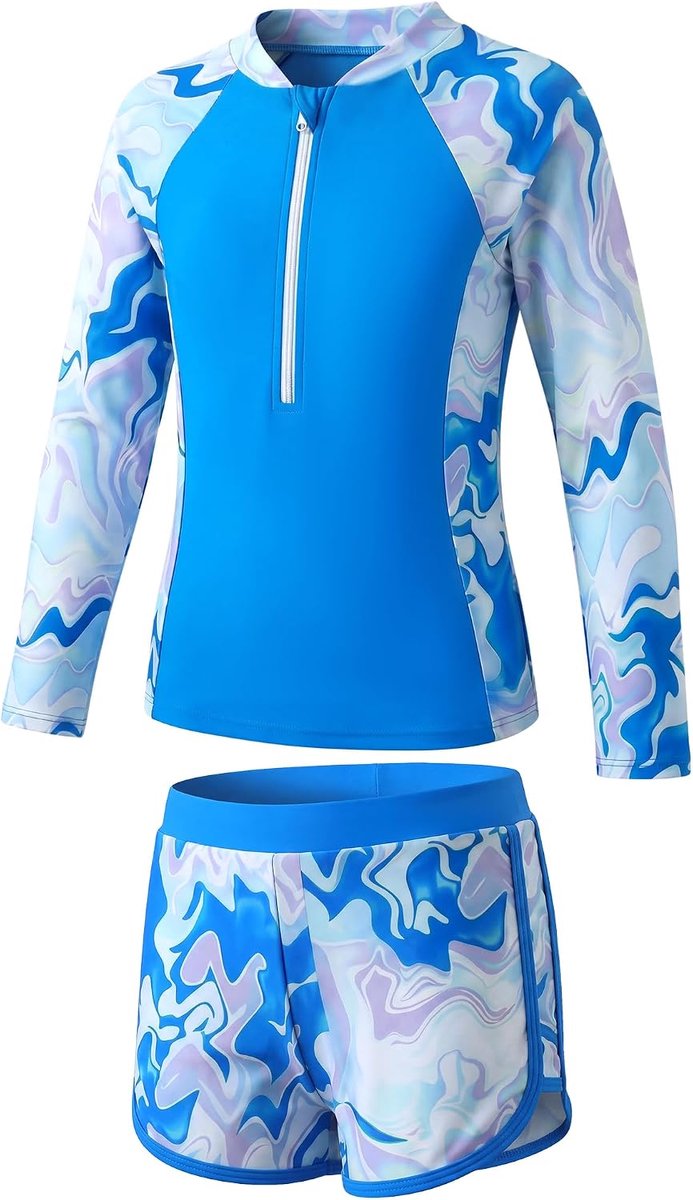 meisjes rashguard-set: tweedelige zwemkleding met lange mouwen en zonbescherming, met uitneembare vullingen, zwemtop met bloemenpatroon en halve rits & zwemshort, zwempak voor 5-12 jaar