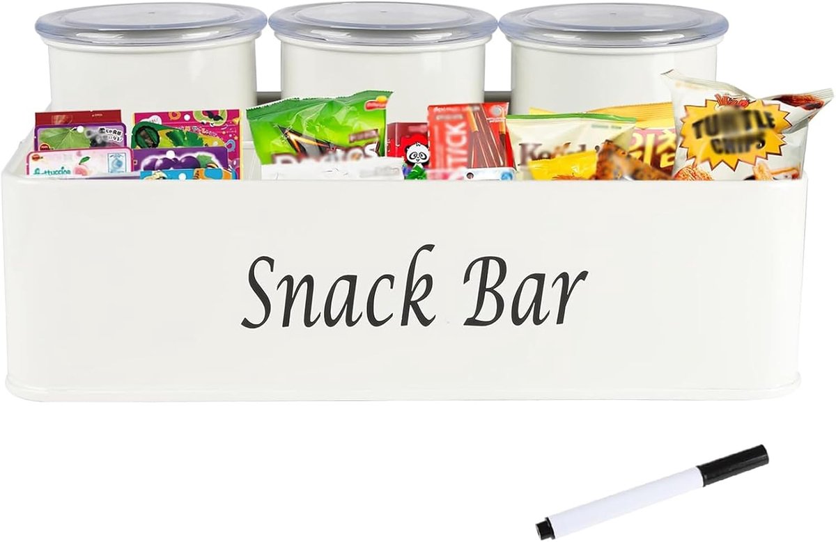 Organizer wit, metalen blikjes met dienblad voor koffiebar | Snoepopslag voor repen, chips en kleine snacks, binnen handbereik op tafel, bankbar, woonkamer of op kantoor