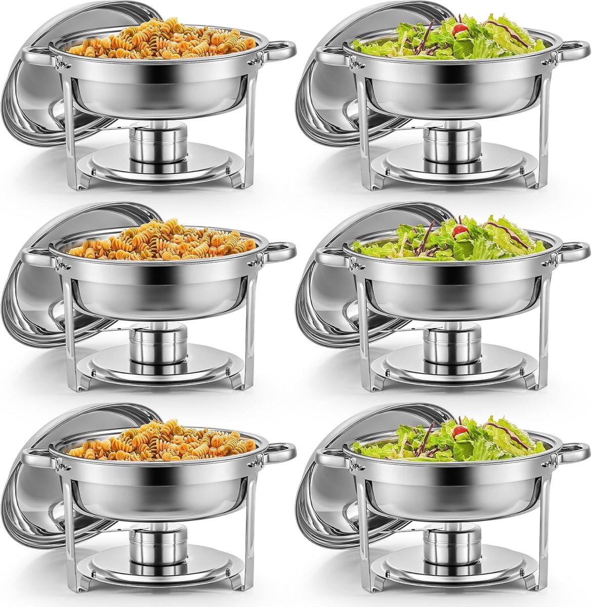 Chafing dish rond 5 liter, Buffet set van 6, RVS voedselwarmer kit, Bain Marie Ø 34 cm met brandpasta houders, voor restaurant catering partijen bruiloften picknicks feest