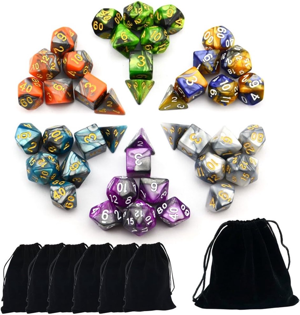 Dubbelkleurige polyedrale dobbelstenen sets met zakjes voor D & D DND RPG MTG Dungeon en Dragons Tafelbord Roll Spellen D4 D6 D8 D10 D% D12 D20 (6-Kleur Sets)