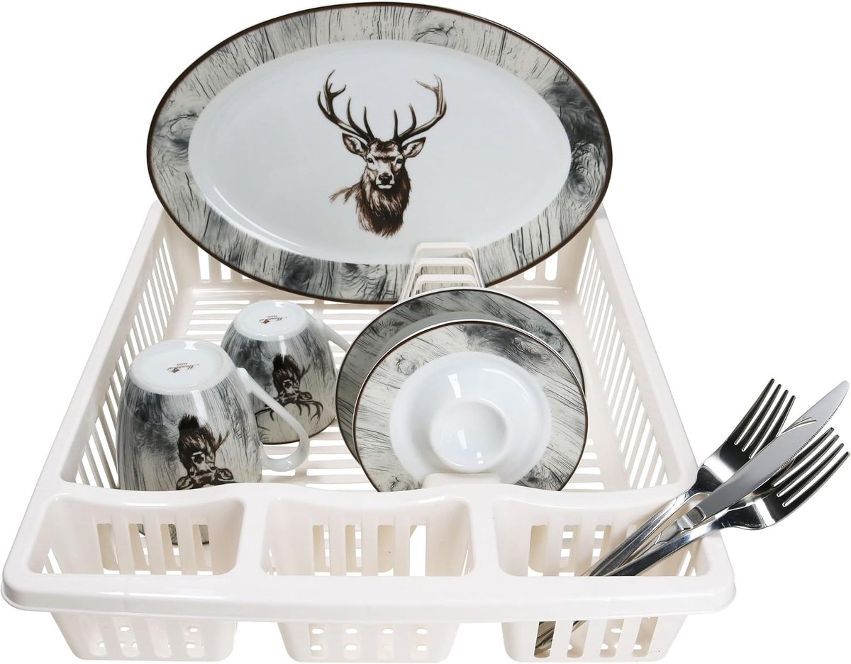 Afdruiprek Heidi wit LxB 46x36cm servies & bestek | Kunststof, voor servies, glazen en bestek, met bestekvakken, afdruipzeef, afdruipbak voor de gootsteen, afdruiprek