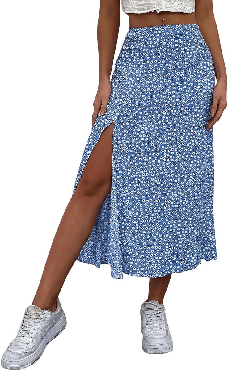 Rok voor dames, zomer, lange rok met bloemenrok met split, A-lijn, bloemenrok, gebloemde rok met hoge taille
