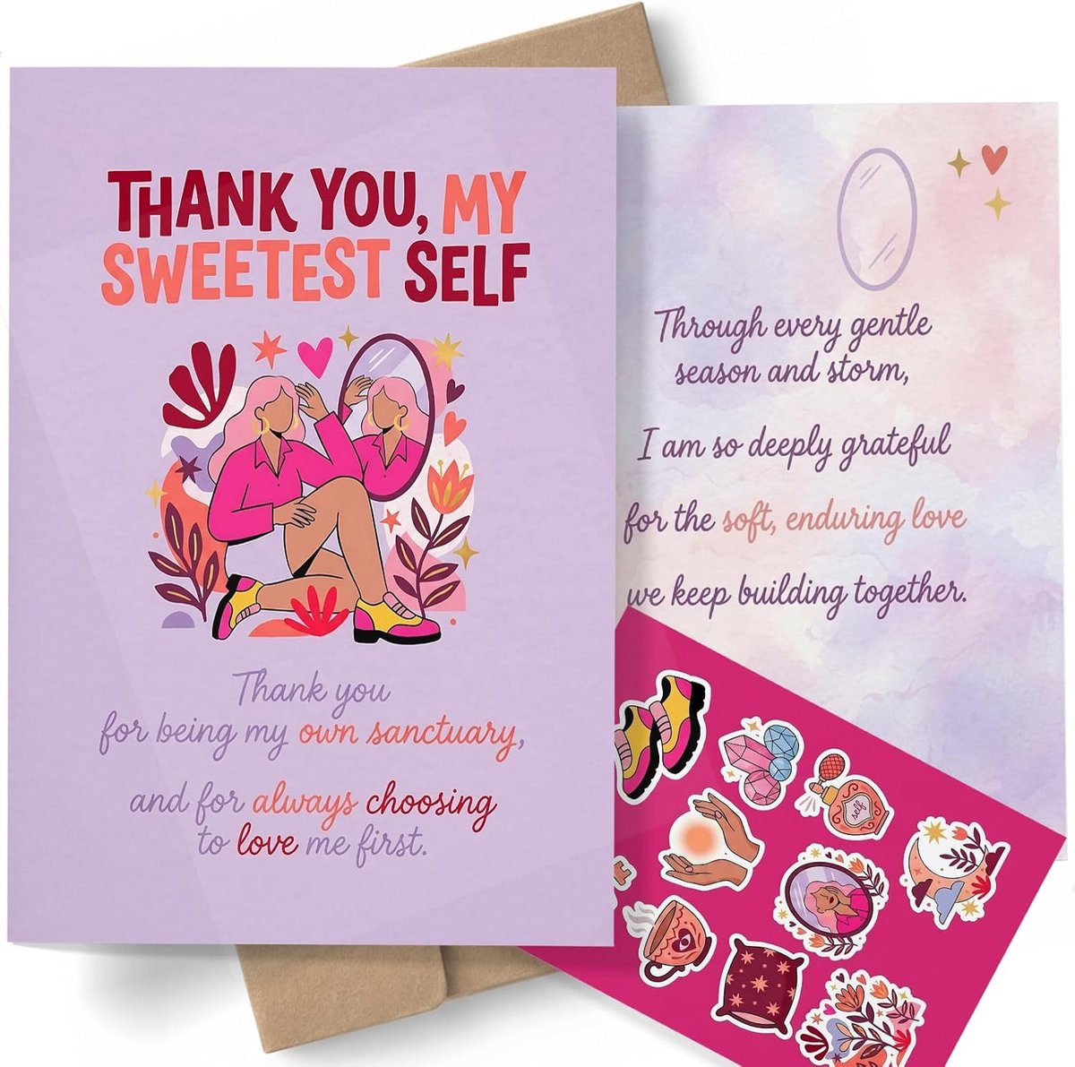 Wenskaart zelfzorg A5 - handgetekend ontwerp - dubbelzijdig met envelop en stickervel - voor dagelijkse bevestigingen - ShopVlot