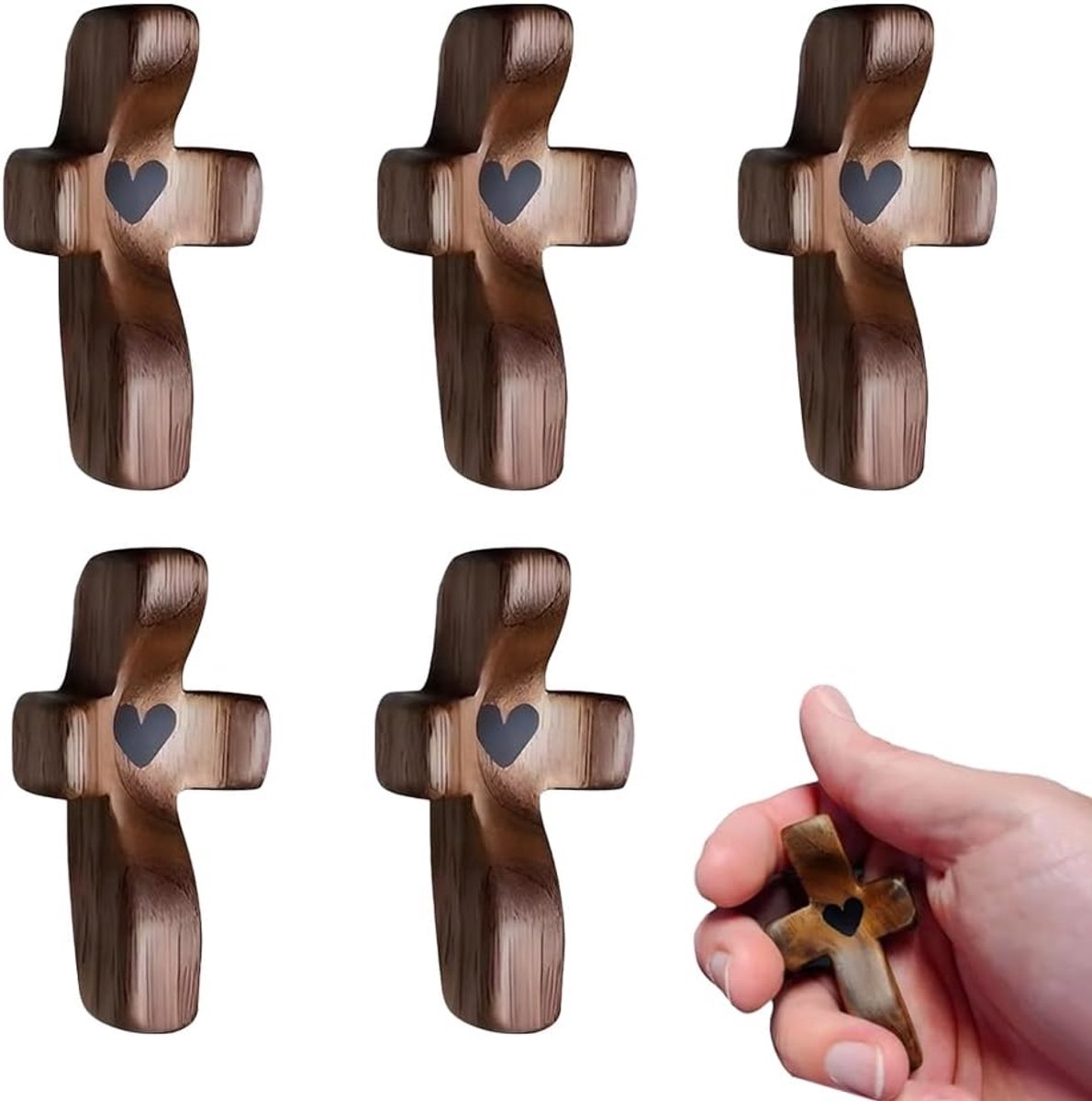 Houten kruis set van 5 - handgemaakt - met hartmotief - troost voor gebed - ShopVlot