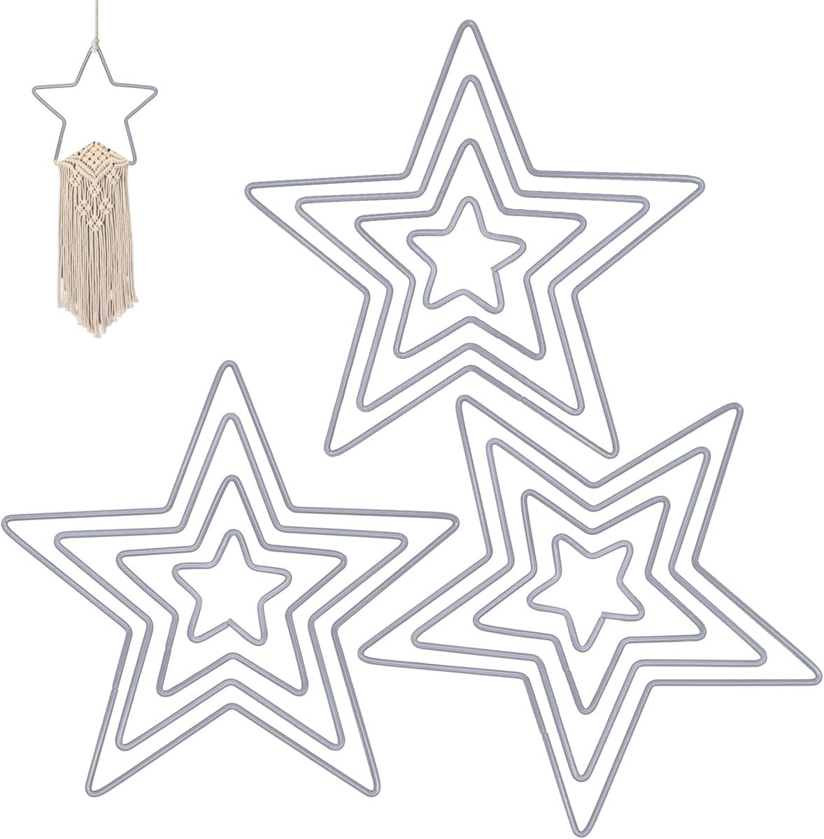12 stuks metalen ringen, ster 5/10/15/20 cm, metalen sterren, draadsterren, decoratieve ster, om te knutselen, decoratie, dromenvanger, doe-het-zelf (zilver)