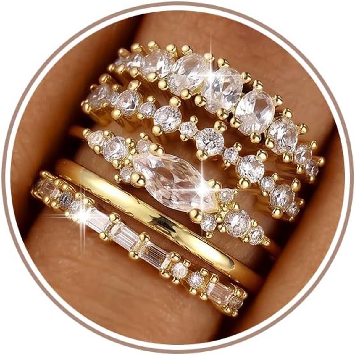 Dainty 14K Gold Plated Stackable Cubic Zirconia Rings 5PCS, Size 7 | Non-Tarnish Thumb Ring Set, Wedding Engagement Bands, Minimalist Trendy Statement Rings Stack, Jewlery Gifts for Women