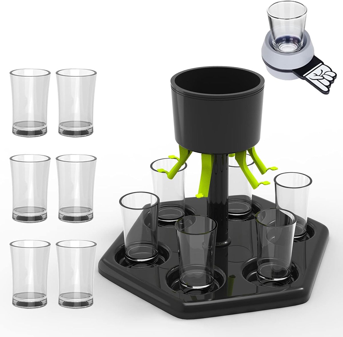 Borreldispenser en houder, shotverdeler met 6 borrelglaasjes, plastic, drankdispenser, perfect als partyshot dispenser voor het vullen van dranken (met vingerteken)
