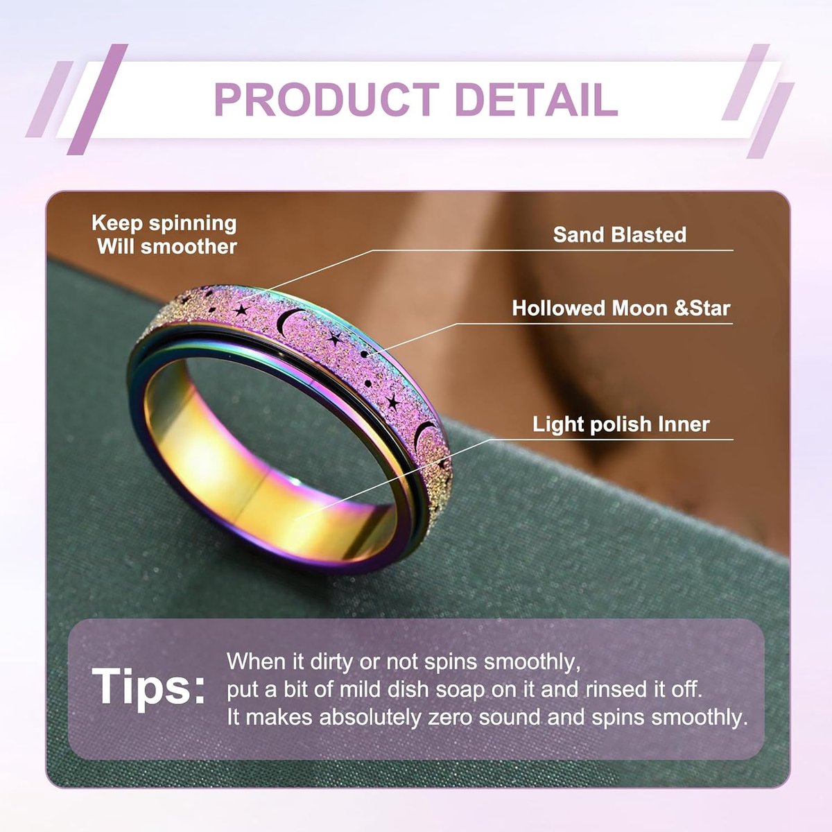 5 stuks anti-stress-ring, fidget ring, draaibaar, roestvrij staal, anti-stress-ring voor heren en dames, duurzaam, robuust, astronomische elementen, gezandstraalde afwerking, versierd met sterrenmanen