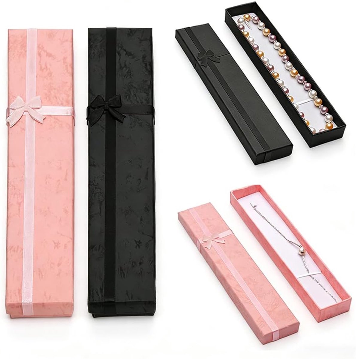 4 stuks 20 x 4 x 2 cm ketting geschenkdozen, decoratieve strik lange geschenkdoos, ketting en armband geschenkdoos, met verwijderbare schuimpads, ideaal voor bruiloften, verjaardagen