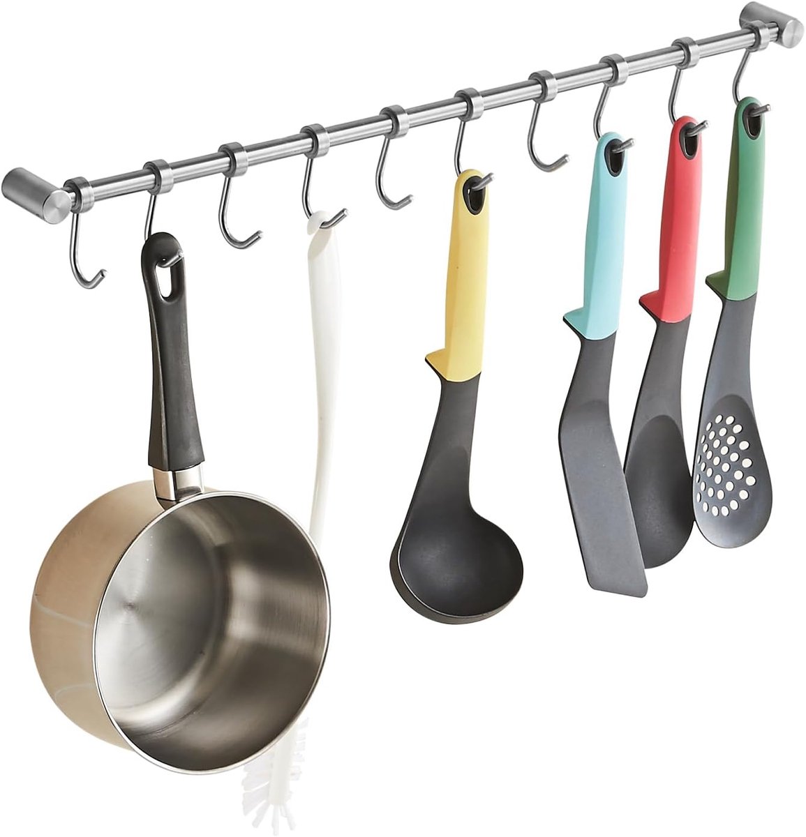 Hangrek met 10 afneembare haken, keukenrail, roestvrij staal, wandgemonteerde mantel, hoed, rek, bar, organizer voor hangend gereedschap, mes, pot, geborsteld nikkel